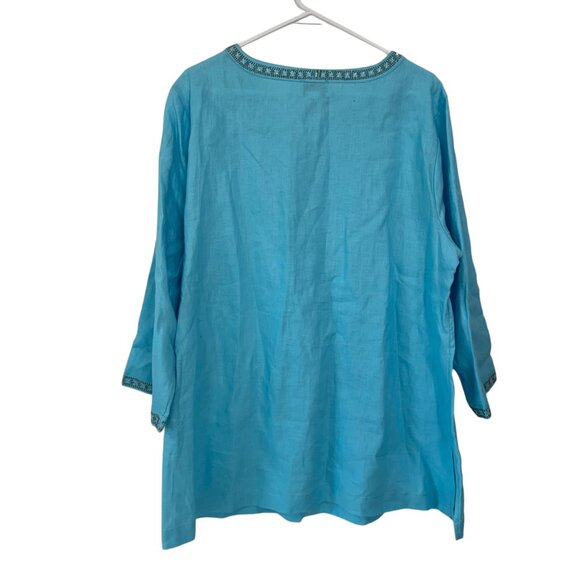 Peck & Peck Blue Embroidered Linen Tunic Top 3/4 Sleeves & Split Neckline-SZ XL - Picture 9 of 12